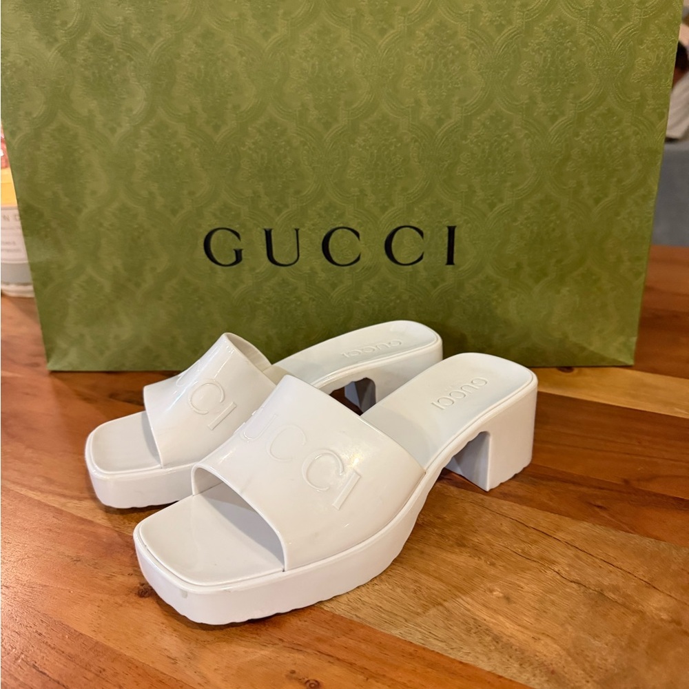 Gucci White Chunky Heel Slides